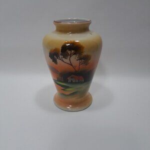 Vintage Japanese Hand Painted 5" Vase MultiColor Porcelain Trees House Sunset